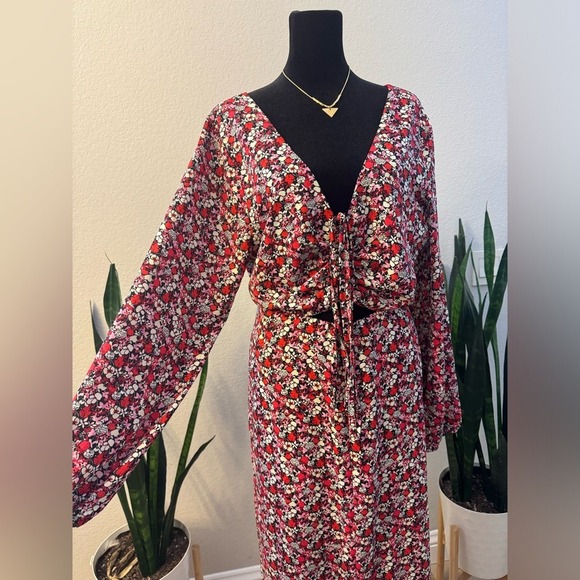 Sanctuary Floral Print Midi Dress Large Red Halter Neck Long Sleeves Cutout Boho - Picture 2 of 12